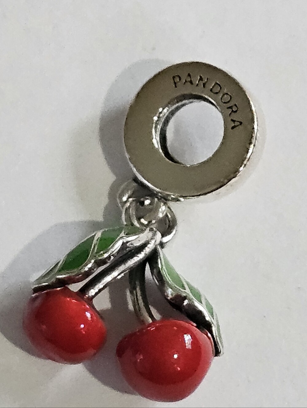 Pandora Red Cherry Enamel Dangle Charm with Green Leaves